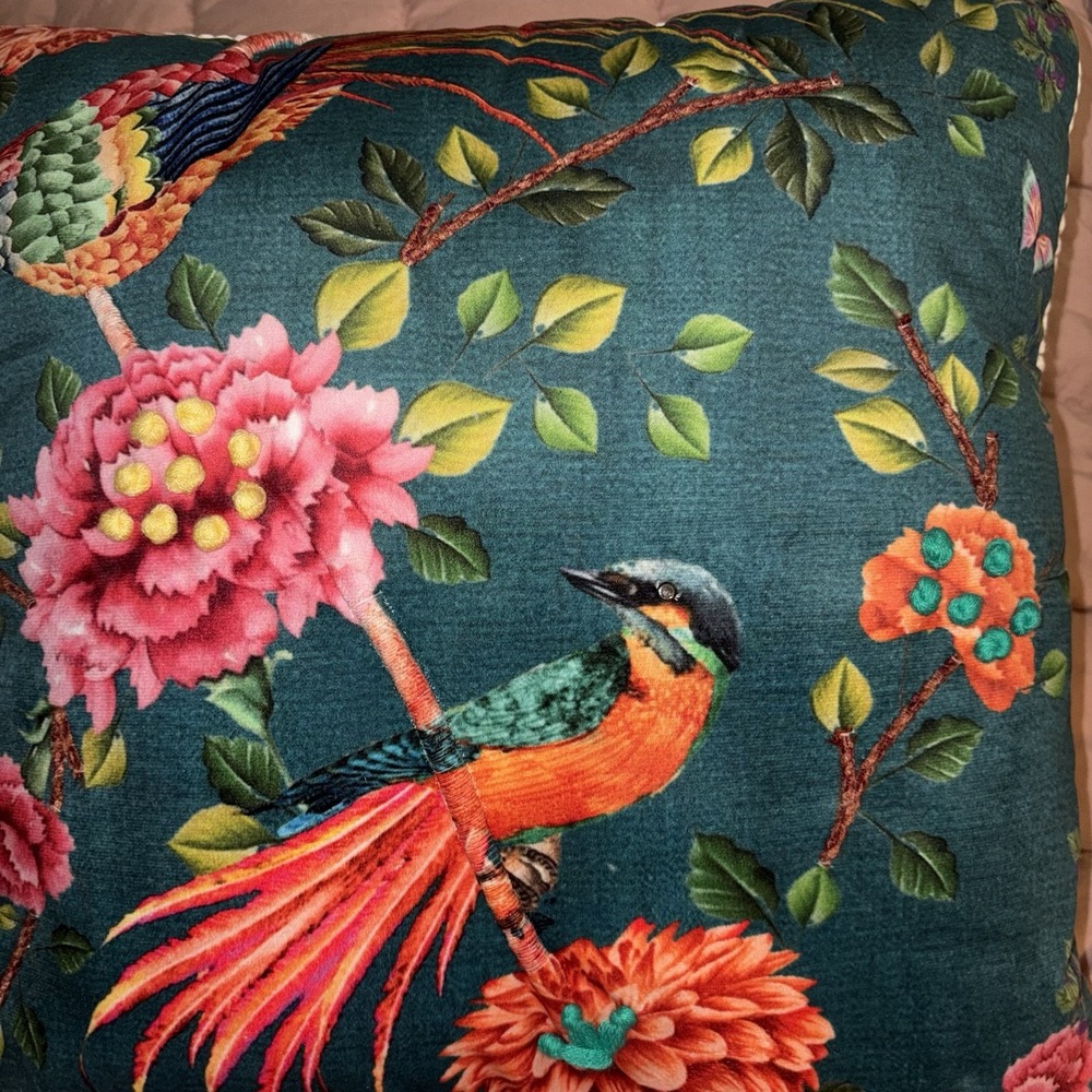 Deep Turquoise Exotic Birds Floral Boujie Bed Pillow 17x17 Beaded Eyes
